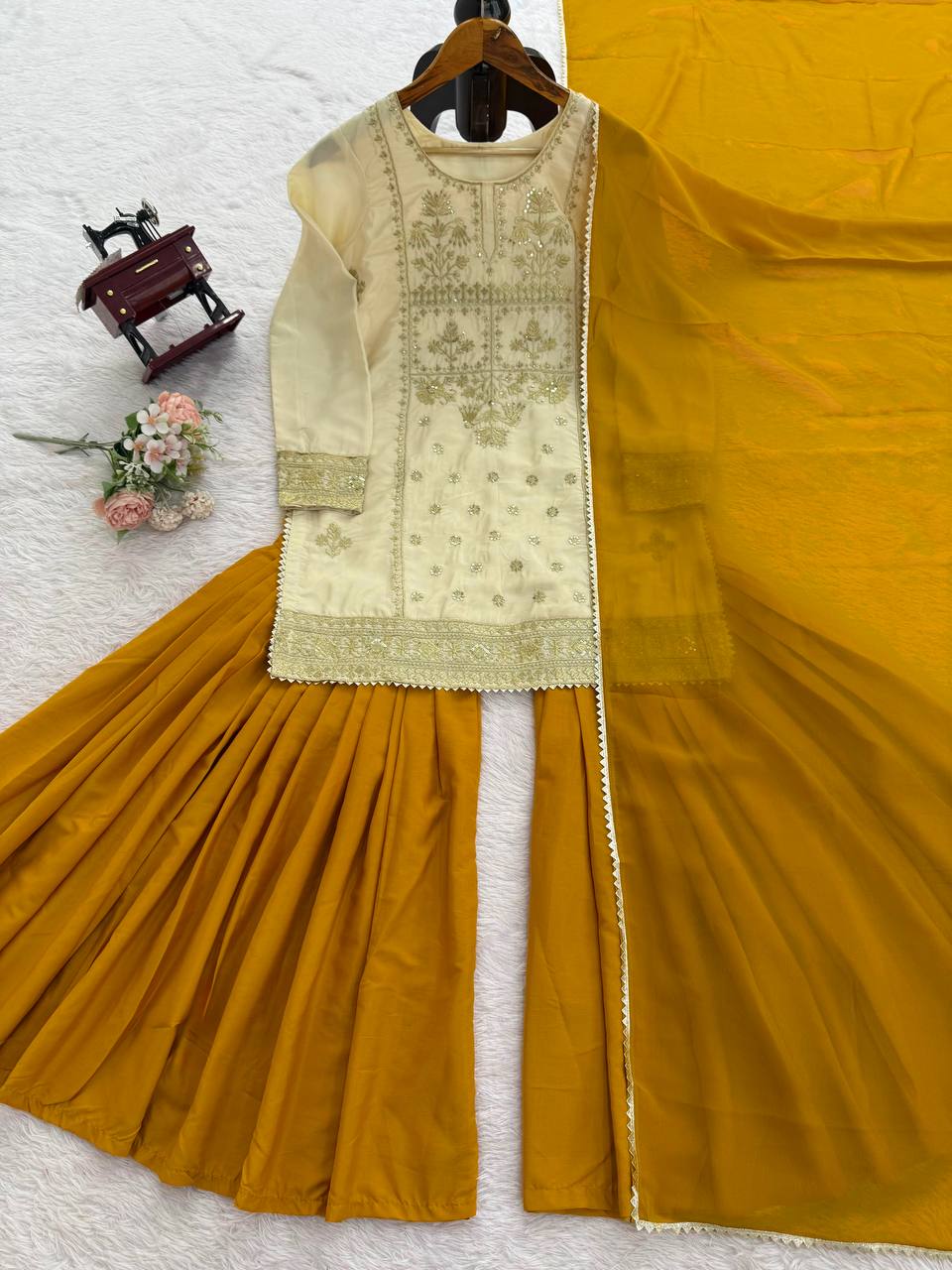 Traditional Mustard Yellow Sequin Festive & Party Wear Stitched Sharara Set for Women