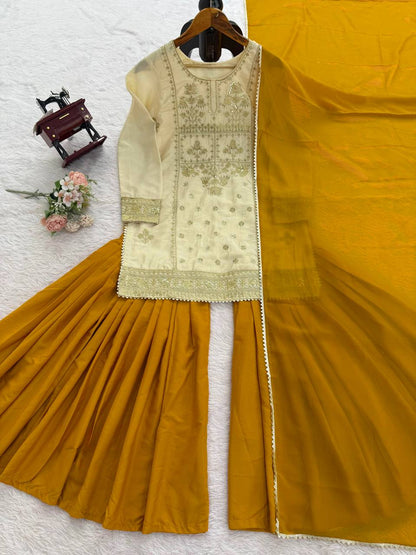Traditional Mustard Yellow Sequin Festive & Party Wear Stitched Sharara Set for Women