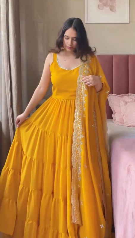 Festive Faux Georgette Yellow Flared Designer Anarkali With Embroidered Dupatta