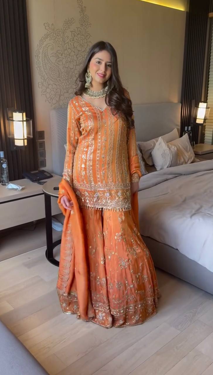 Embroidered Traditional Faux Georgette Orange Party Wear Festive Sharara Set
