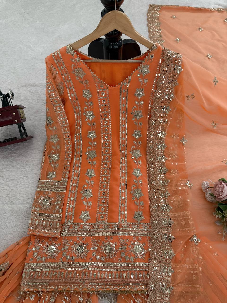 Embroidered Traditional Faux Georgette Orange Party Wear Festive Sharara Set