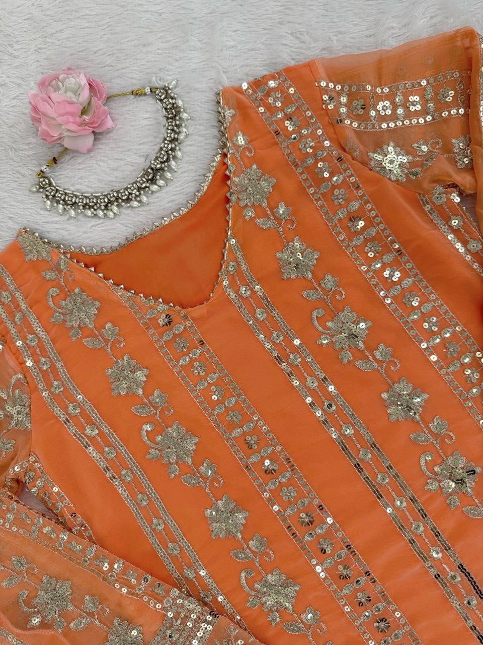 Embroidered Traditional Faux Georgette Orange Party Wear Festive Sharara Set