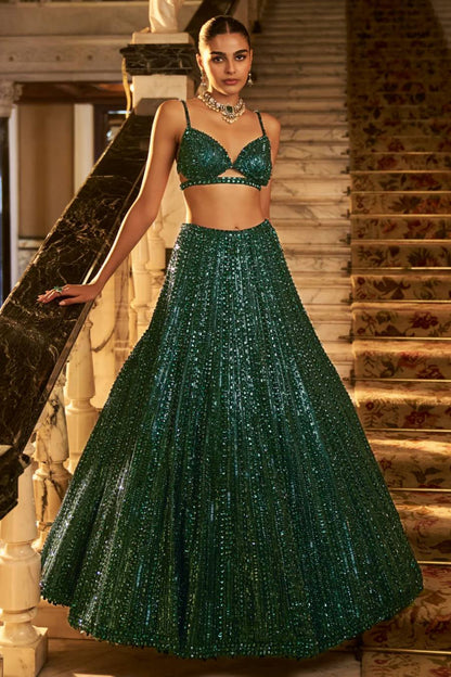 Designer Green Party Wear Net Lehenga with Rainbow Sequins and Can-Can