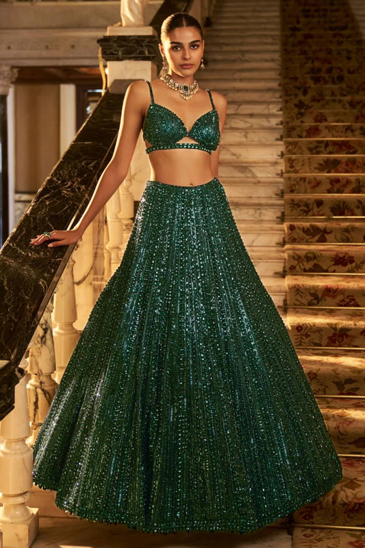 Designer Green Party Wear Net Lehenga with Rainbow Sequins and Can-Can