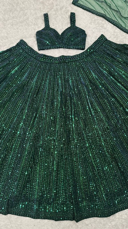 Designer Green Party Wear Net Lehenga with Rainbow Sequins and Can-Can