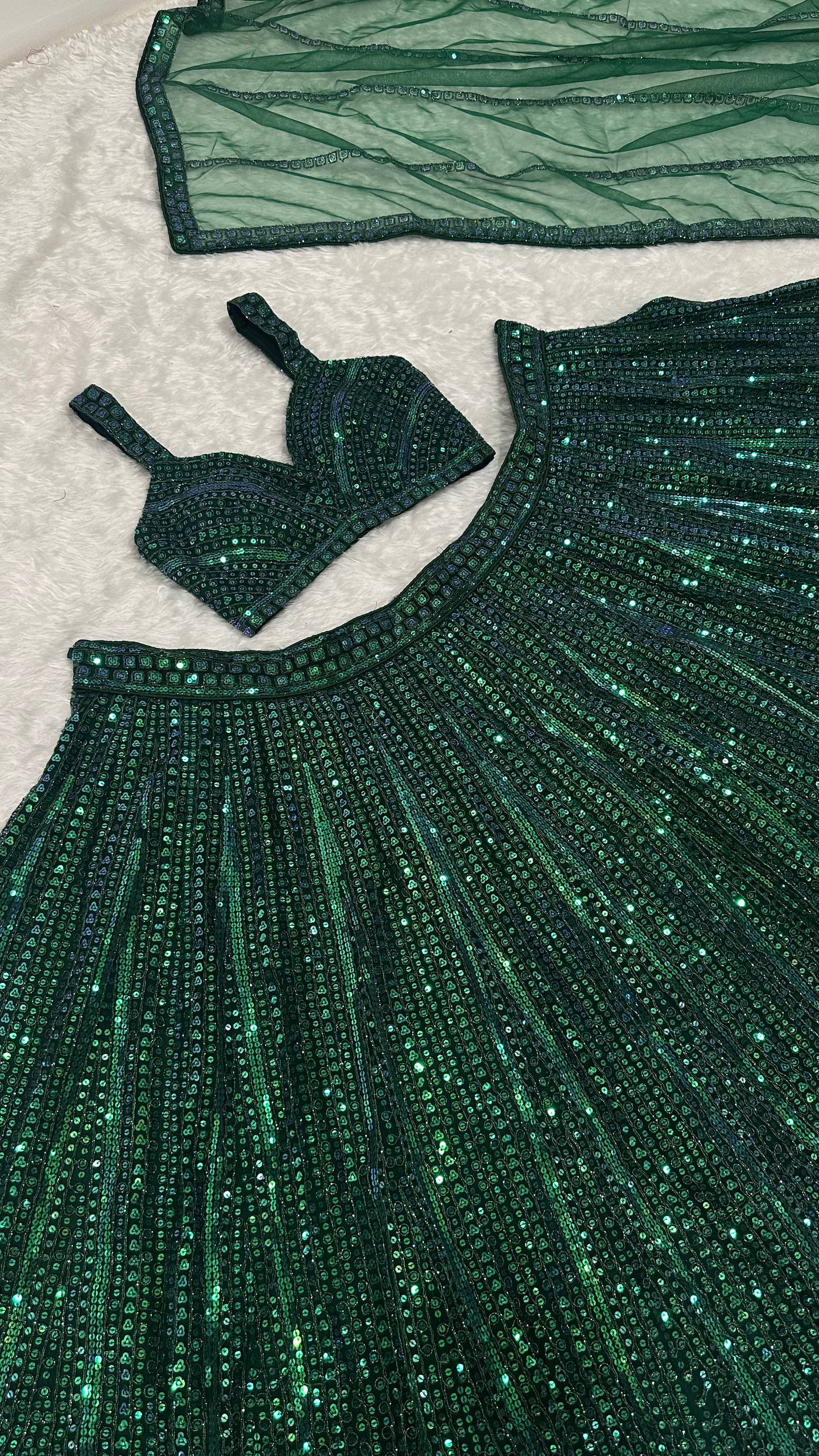 Designer Green Party Wear Net Lehenga with Rainbow Sequins and Can-Can