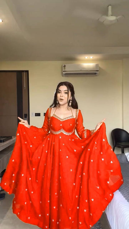 Designer Orange Faux Georgette Festive Wear Flared Stitched Anarkali Set For Women
