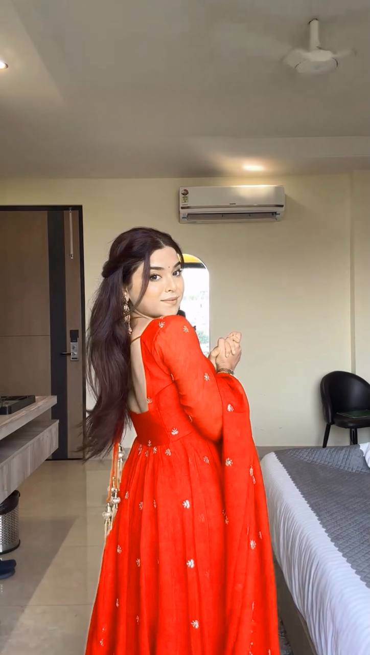 Designer Orange Faux Georgette Festive Wear Flared Stitched Anarkali Set For Women
