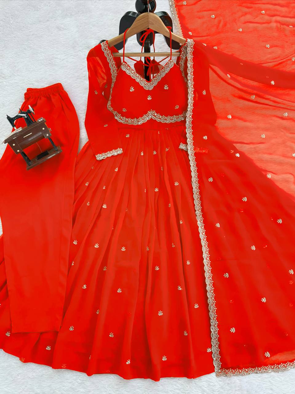 Designer Orange Faux Georgette Festive Wear Flared Stitched Anarkali Set For Women