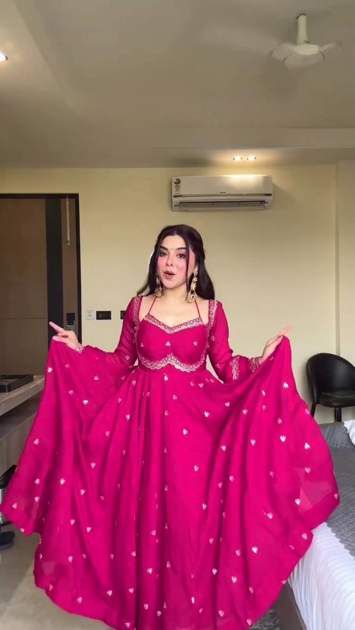 Designer Pink Faux Georgette Festive Wear Flared Stitched Anarkali Set For Women