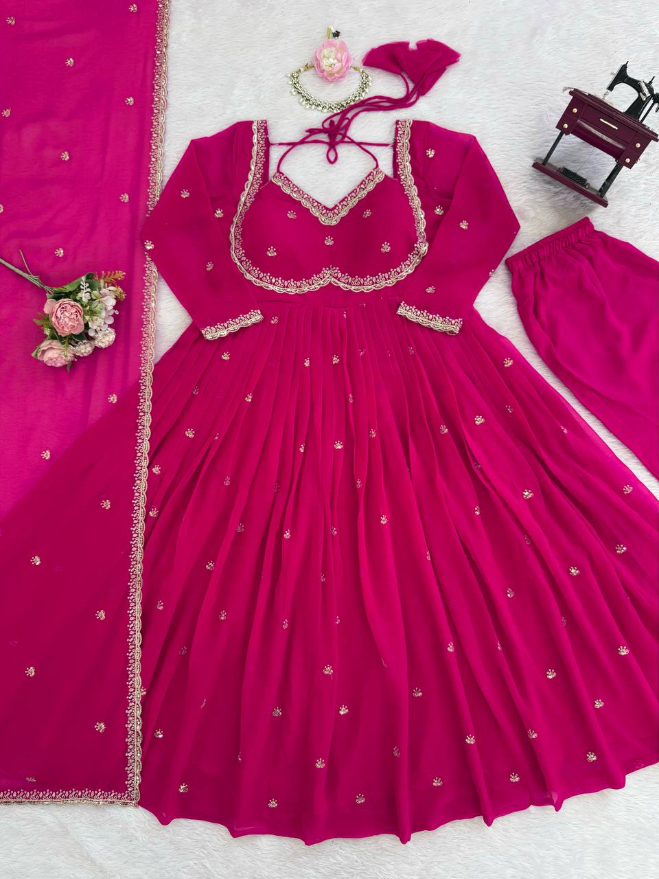 Designer Pink Faux Georgette Festive Wear Flared Stitched Anarkali Set For Women