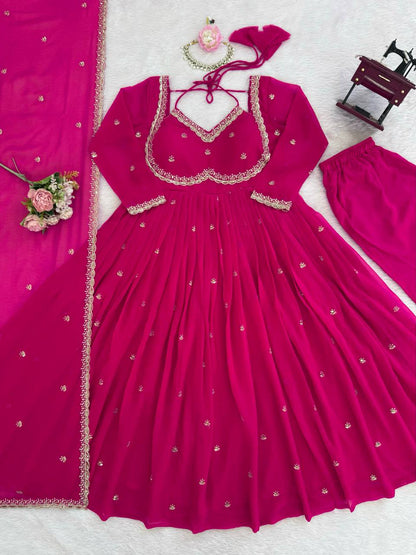 Designer Pink Faux Georgette Festive Wear Flared Stitched Anarkali Set For Women