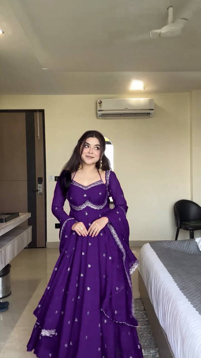 Designer Purple Faux Georgette Festive Wear Flared Stitched Anarkali Set For Women