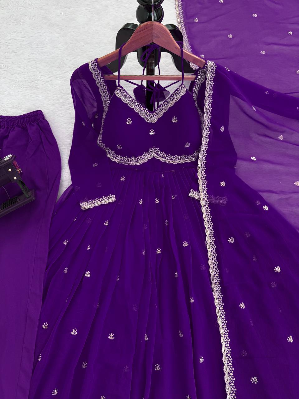 Designer Purple Faux Georgette Festive Wear Flared Stitched Anarkali Set For Women