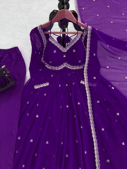 Designer Purple Faux Georgette Festive Wear Flared Stitched Anarkali Set For Women