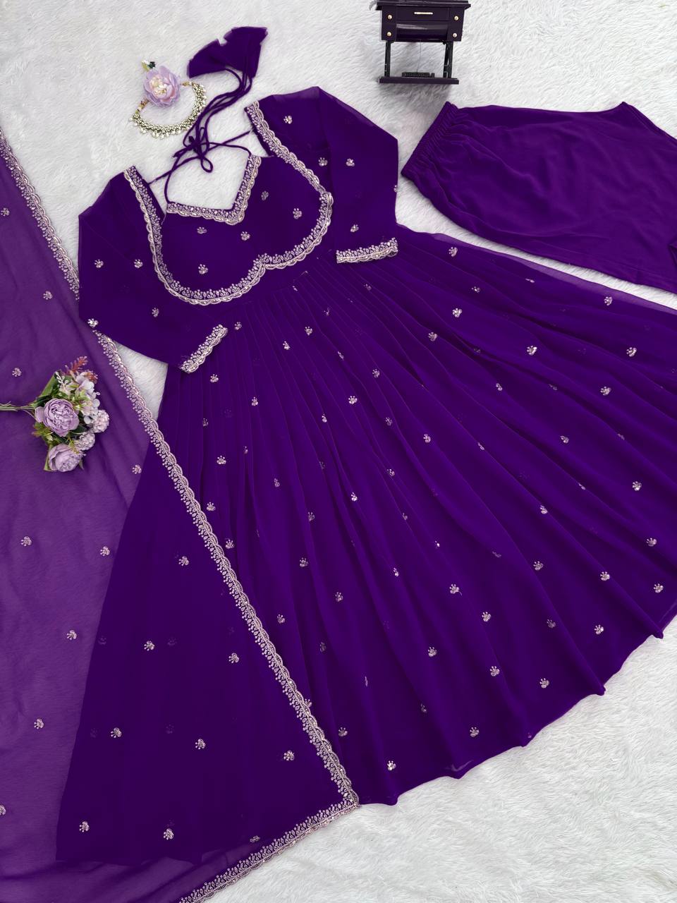 Designer Purple Faux Georgette Festive Wear Flared Stitched Anarkali Set For Women