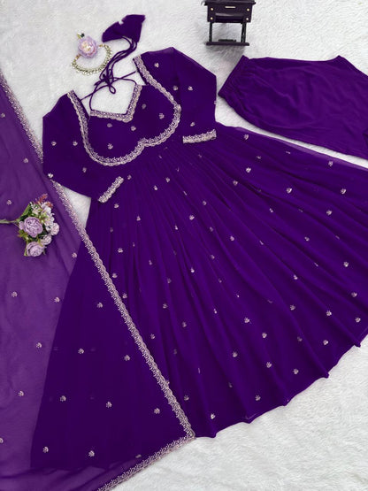 Designer Purple Faux Georgette Festive Wear Flared Stitched Anarkali Set For Women
