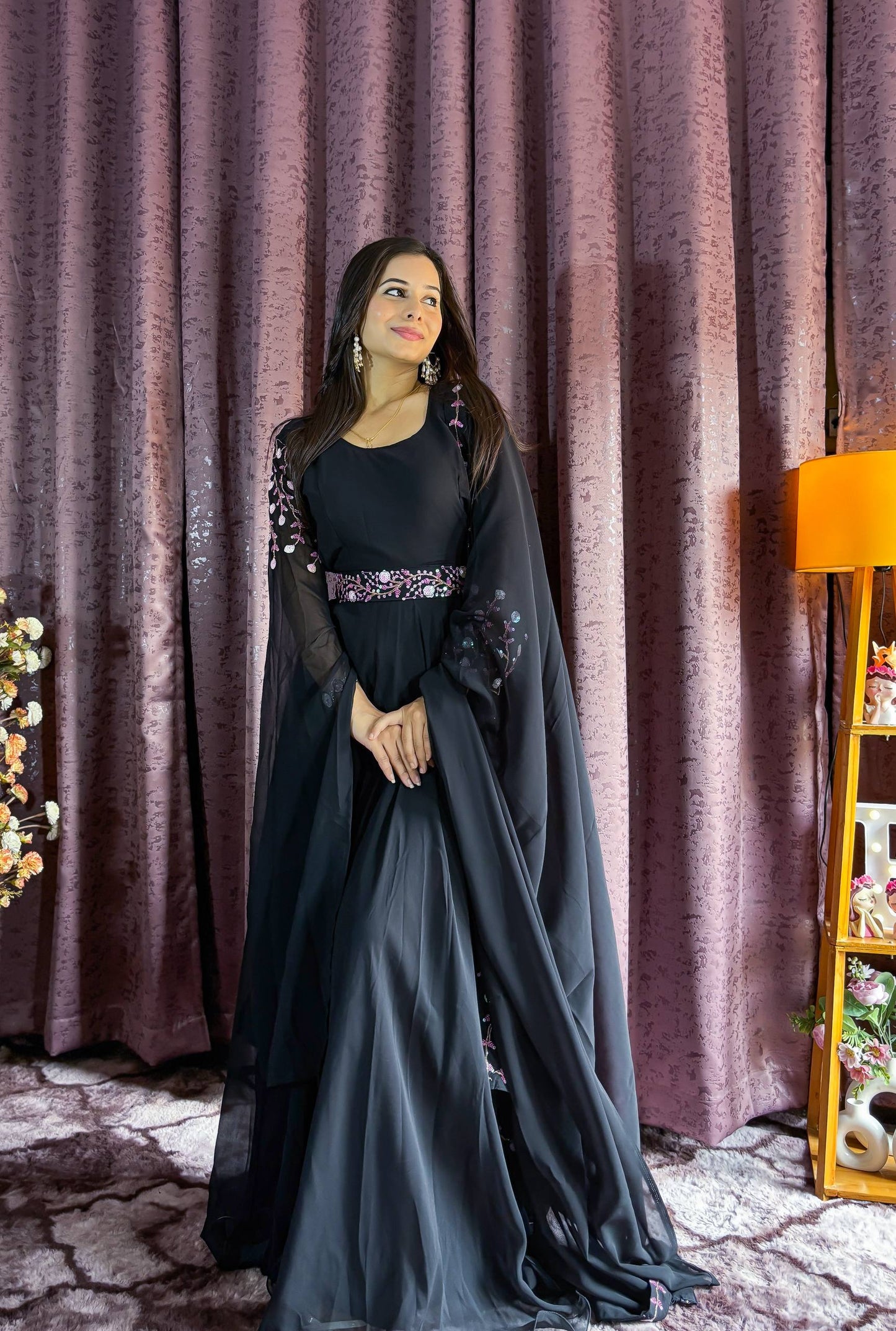 Designer Black Georgette Anarkali Full Stitched Gown with Dupatta & Belt