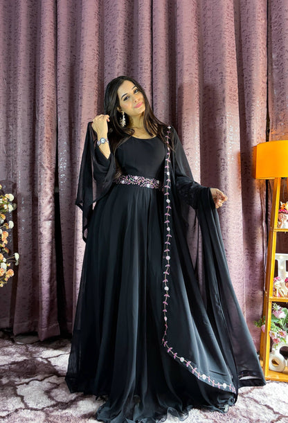 Designer Black Georgette Anarkali Full Stitched Gown with Dupatta & Belt