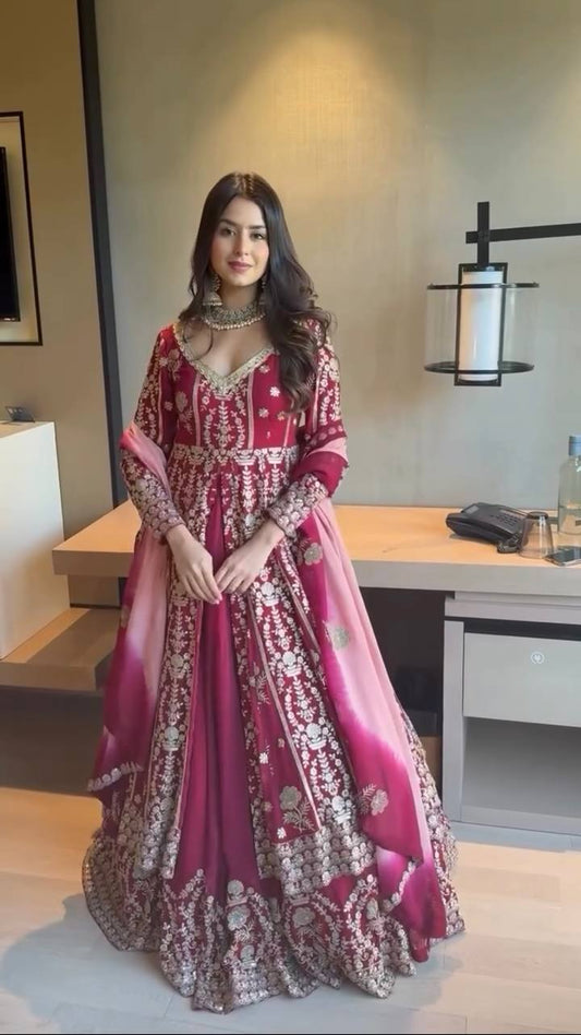 Premium Wedding Wear Maroon Heavy Embroidered Work Georgette 3 Piece Set