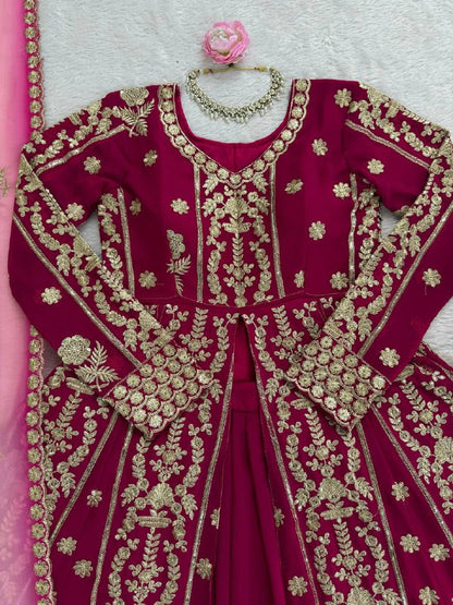 Premium Wedding Wear Maroon Heavy Embroidered Work Georgette 3 Piece Set