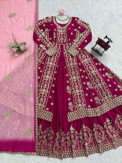 Premium Wedding Wear Maroon Heavy Embroidered Work Georgette 3 Piece Set