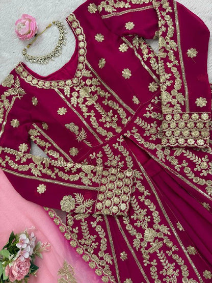 Premium Wedding Wear Maroon Heavy Embroidered Work Georgette 3 Piece Set