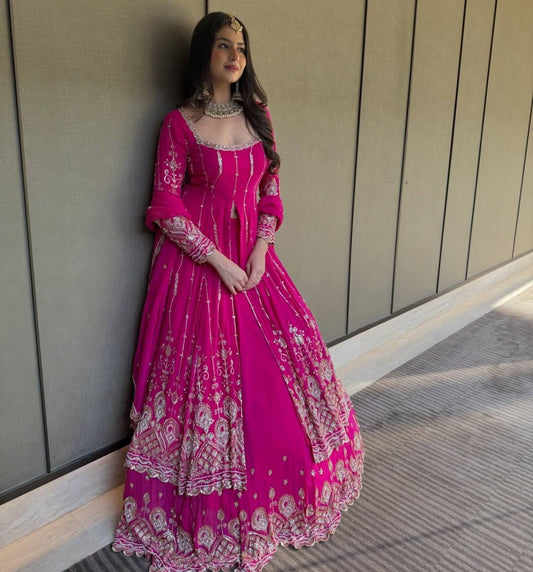 Festival Special Embroidered Georgette Pink Party Wear Stitched 3 Piece Set