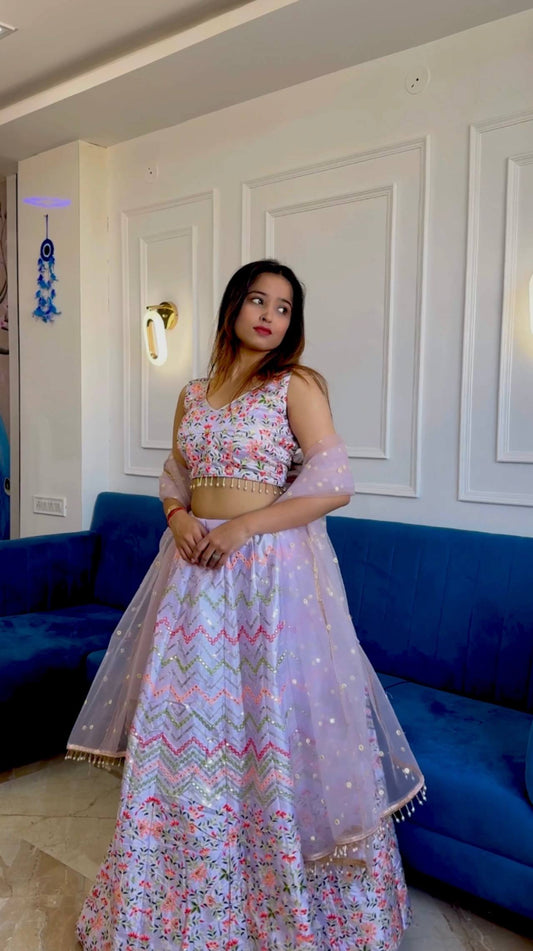 Designer Satin Silk Festive Wear lavender Lehenga Choli with Sequins and Thread Work Dupatta