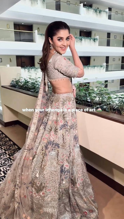 Stylish Silk Embroidered Party Wear Grey Lehenga Set with Heavy Thread Flair