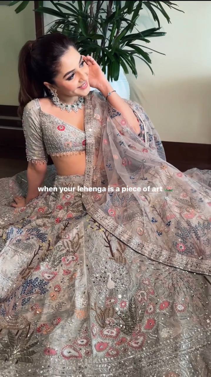 Stylish Silk Embroidered Party Wear Grey Lehenga Set with Heavy Thread Flair