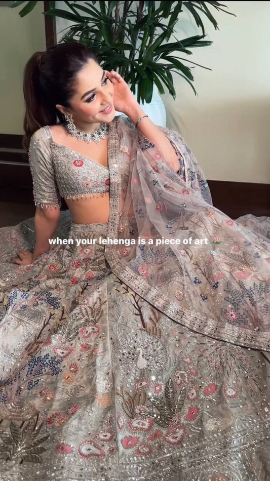 Stylish Silk Embroidered Party Wear Grey Lehenga Set with Heavy Thread Flair
