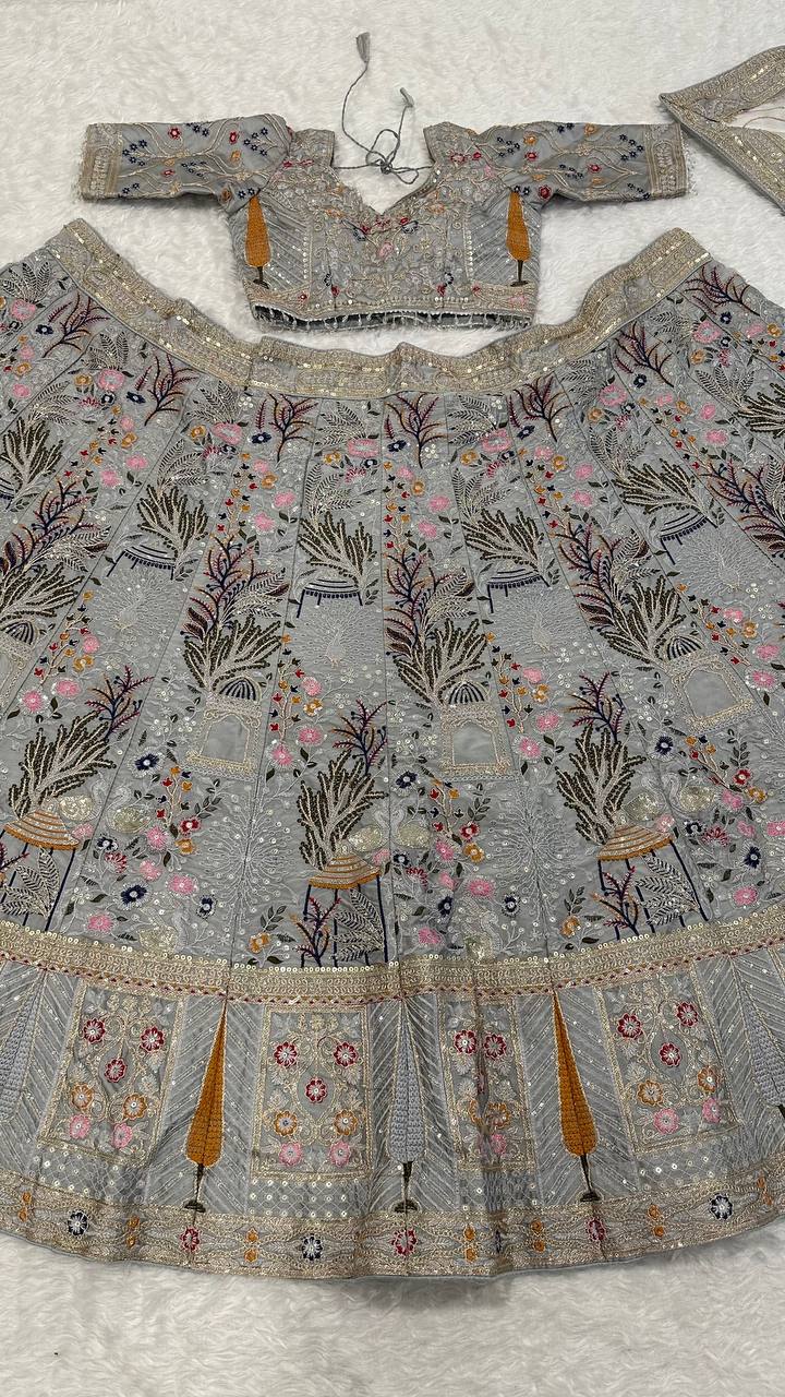 Stylish Silk Embroidered Party Wear Grey Lehenga Set with Heavy Thread Flair