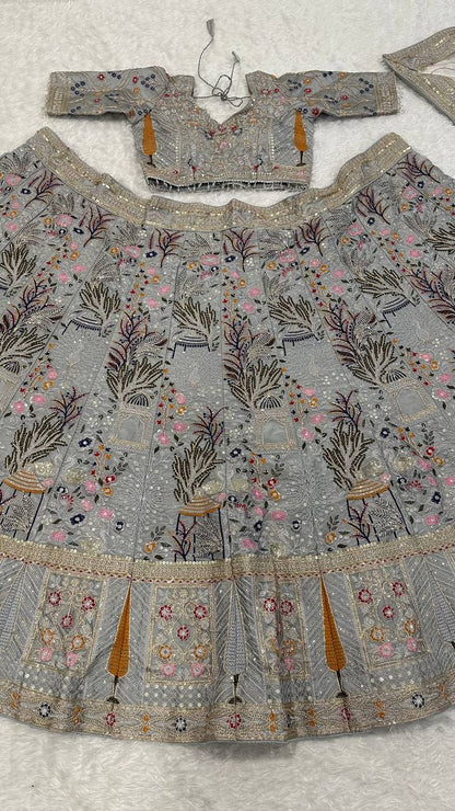 Stylish Silk Embroidered Party Wear Grey Lehenga Set with Heavy Thread Flair
