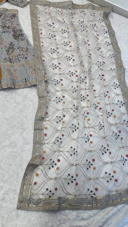 Stylish Silk Embroidered Party Wear Grey Lehenga Set with Heavy Thread Flair