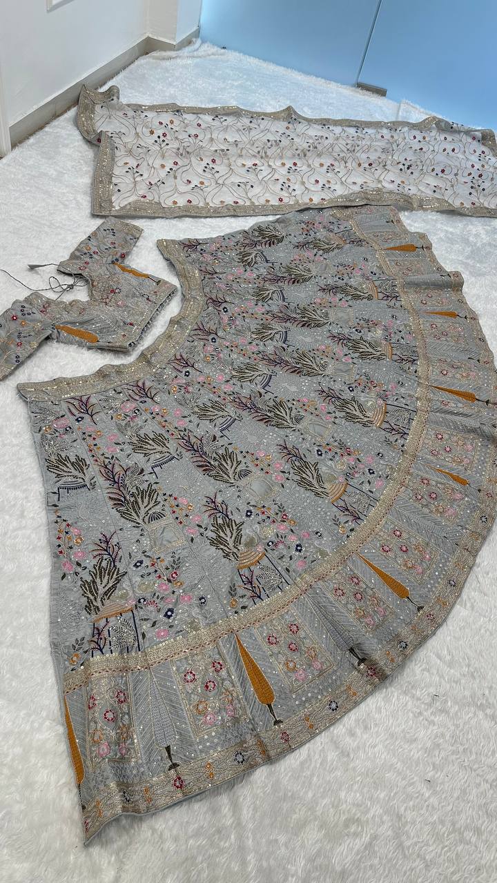 Stylish Silk Embroidered Party Wear Grey Lehenga Set with Heavy Thread Flair