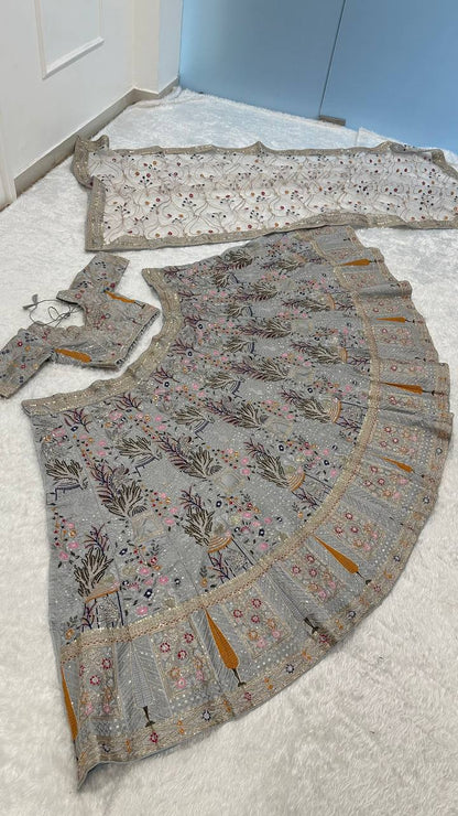 Stylish Silk Embroidered Party Wear Grey Lehenga Set with Heavy Thread Flair