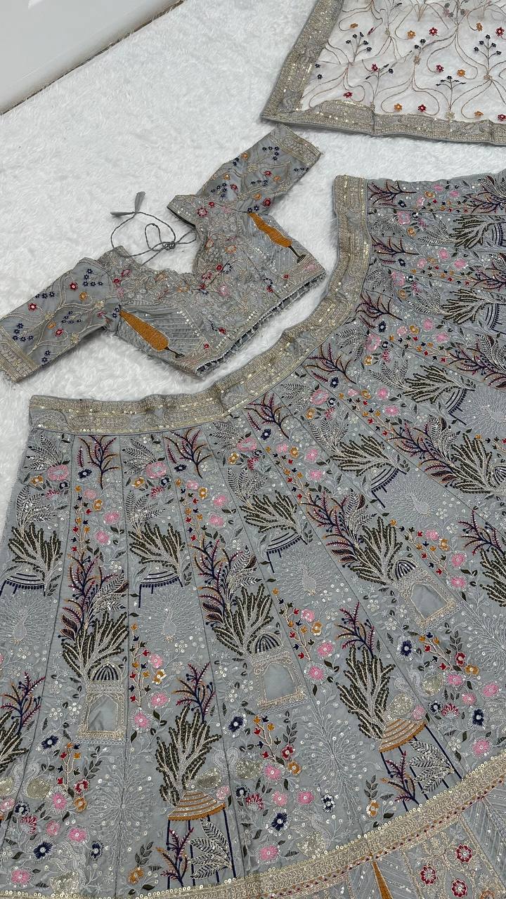 Stylish Silk Embroidered Party Wear Grey Lehenga Set with Heavy Thread Flair