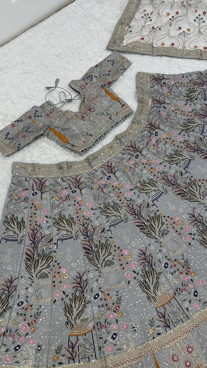 Stylish Silk Embroidered Party Wear Grey Lehenga Set with Heavy Thread Flair
