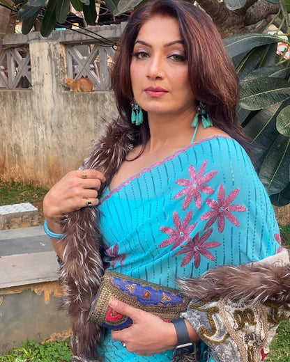 Sky Color Party Wear Saree in Georgette With Dual Sequence Work and Blouse