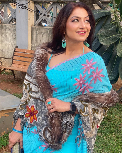 Sky Color Party Wear Saree in Georgette With Dual Sequence Work and Blouse