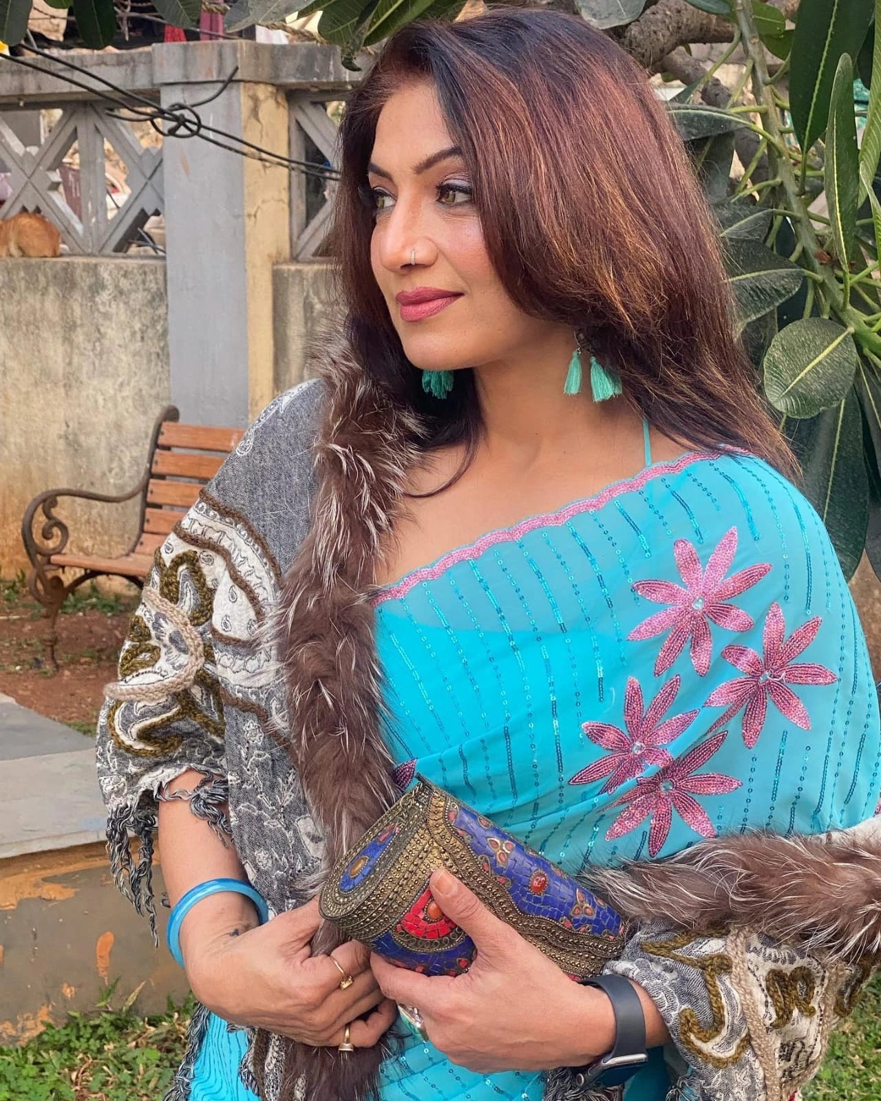 Sky Color Party Wear Saree in Georgette With Dual Sequence Work and Blouse