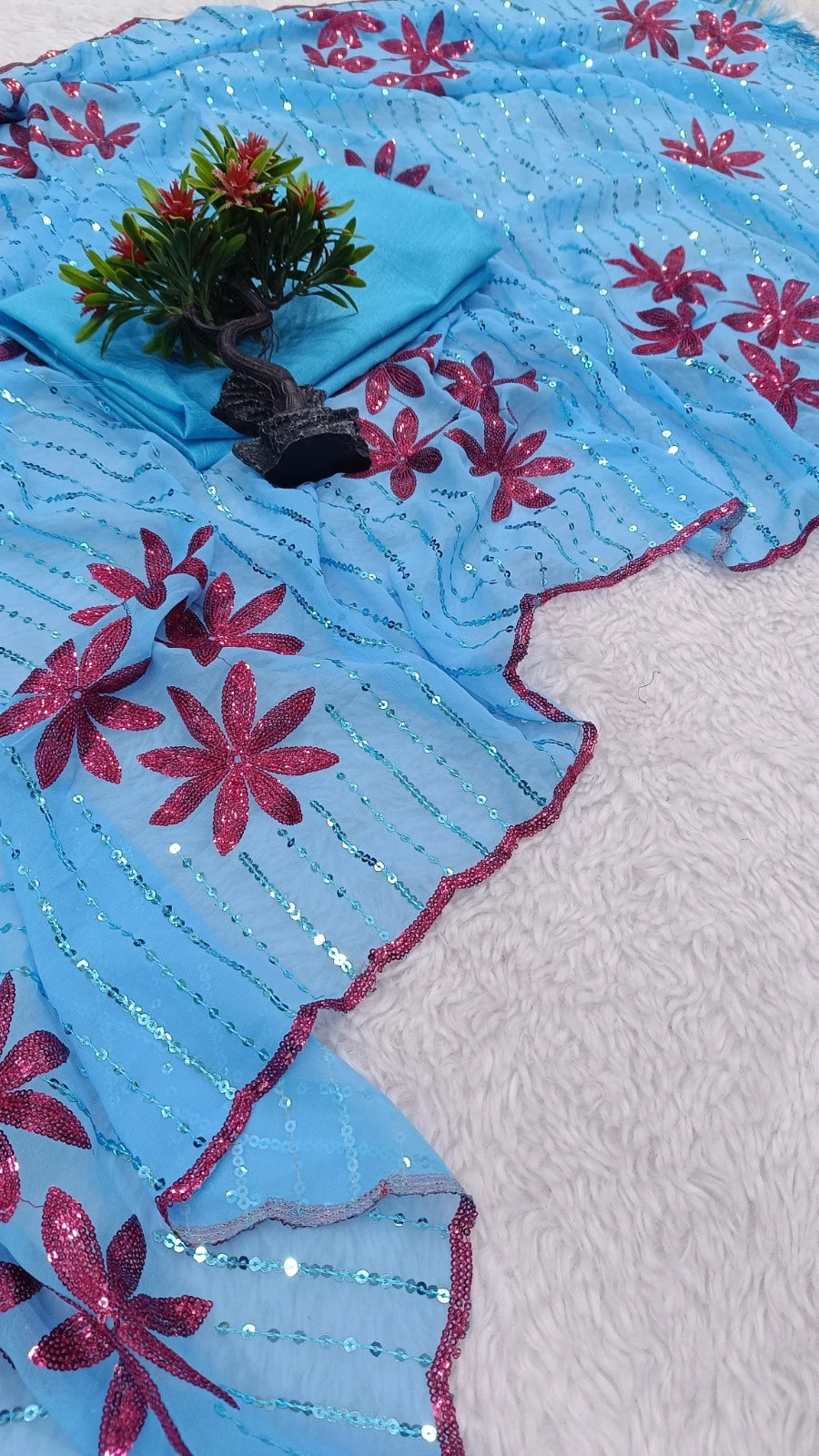 Sky Color Party Wear Saree in Georgette With Dual Sequence Work and Blouse