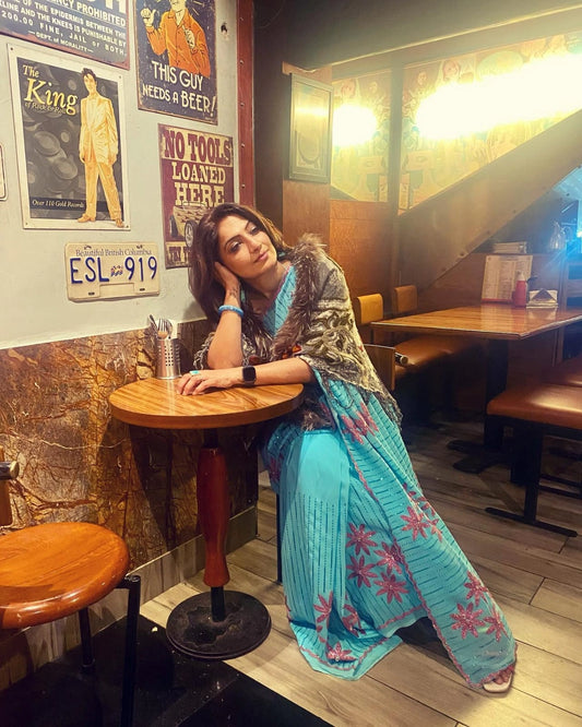 Sky Color Party Wear Saree in Georgette With Dual Sequence Work and Blouse