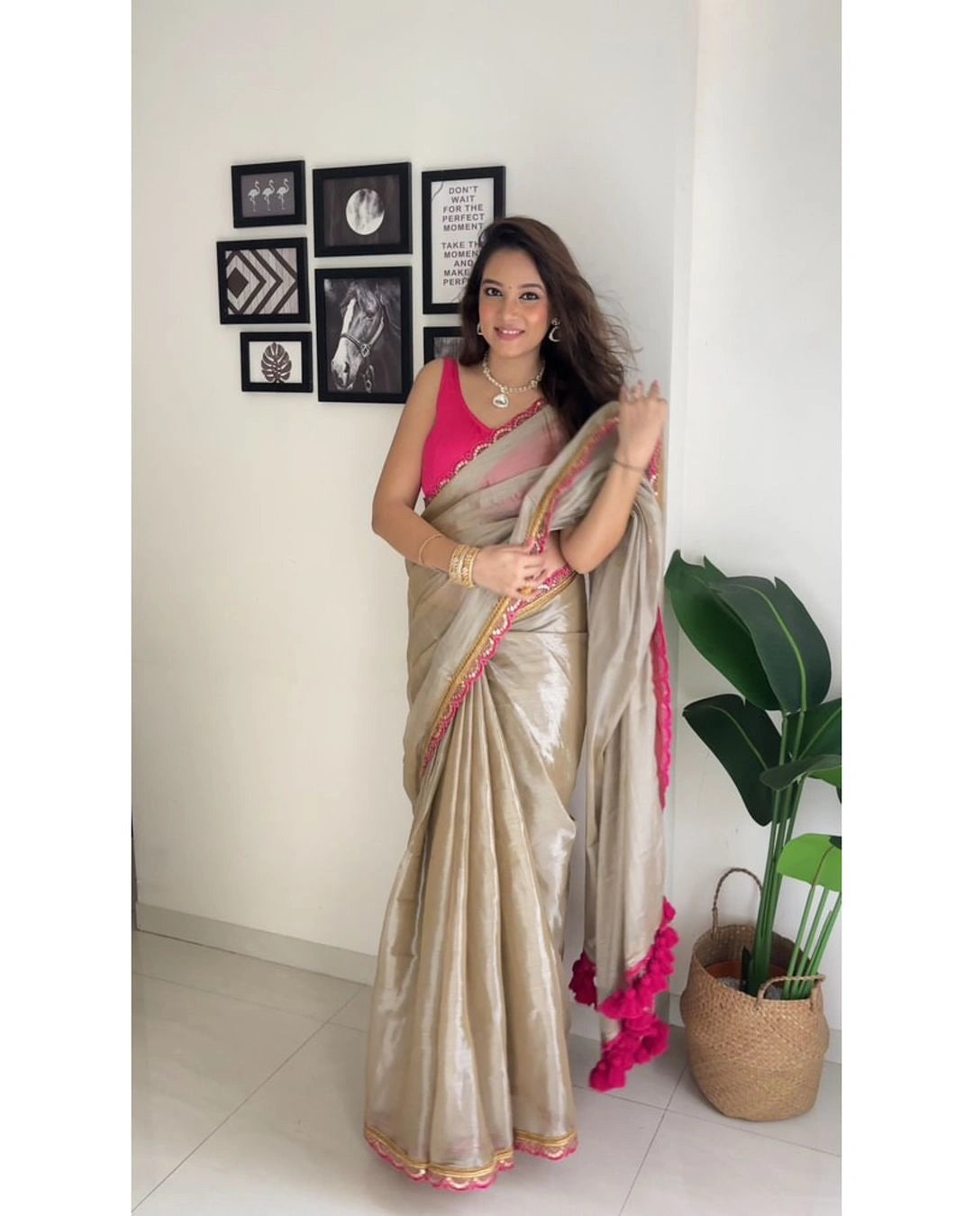 Embroidered Satin Beige Saree Online