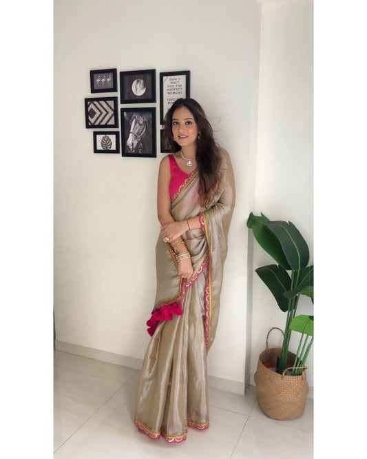 Embroidered Satin Beige Saree Online