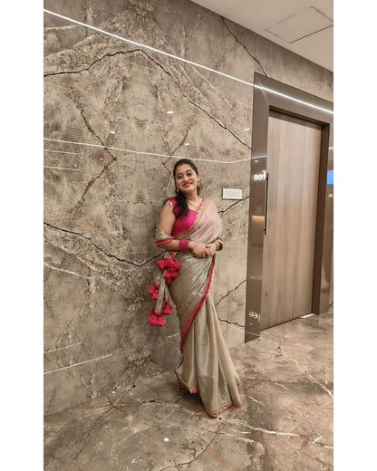 Embroidered Satin Beige Saree Online