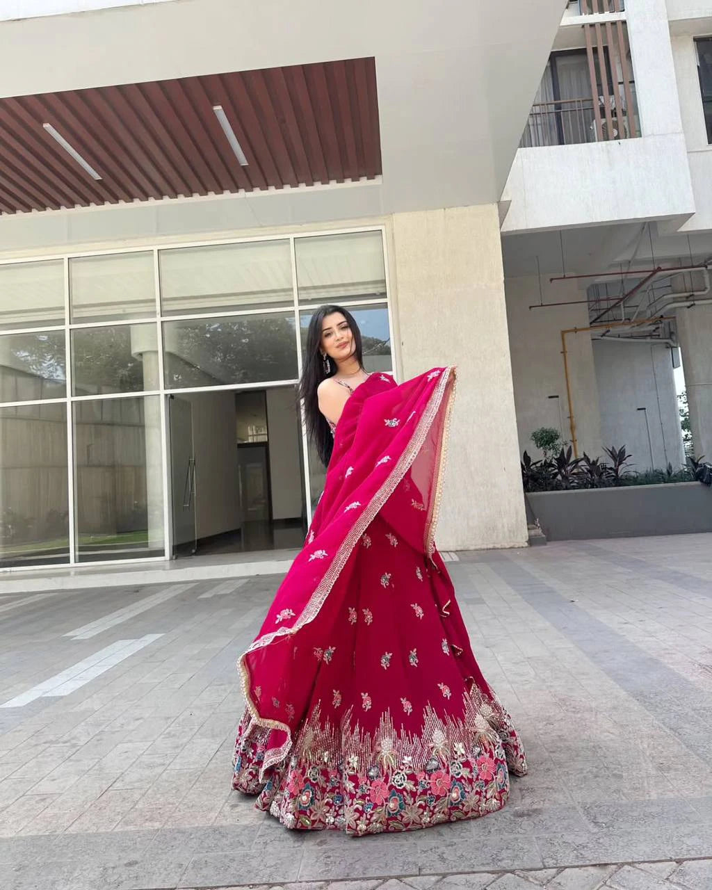 Rani Pink Chinon Silk Lehenga Choli with Thread and Sequin Work Traditional Indian Wedding Wear