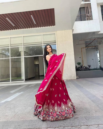 Rani Pink Chinon Silk Lehenga Choli with Thread and Sequin Work Traditional Indian Wedding Wear