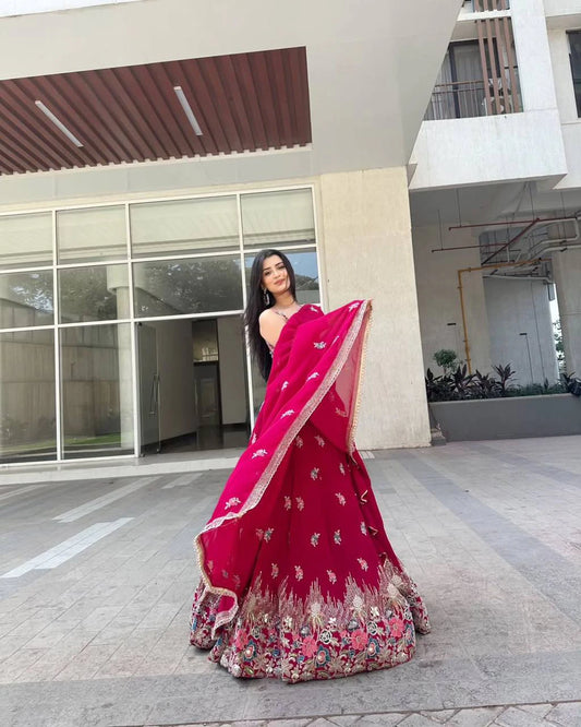 Rani Pink Chinon Silk Lehenga Choli with Thread and Sequin Work Traditional Indian Wedding Wear